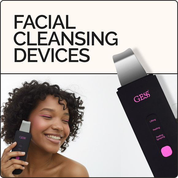 Smiling woman using GESS ultrasonic skin scrubber for deep facial cleansing at home