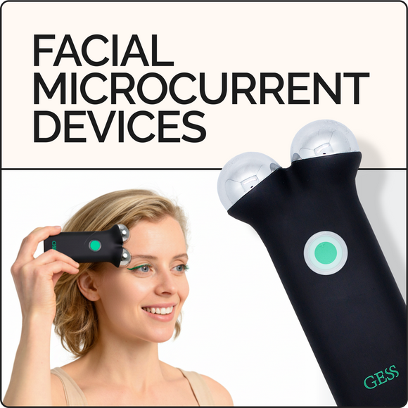 Young woman applying GESS microcurrent facial device for skin toning and anti-aging care